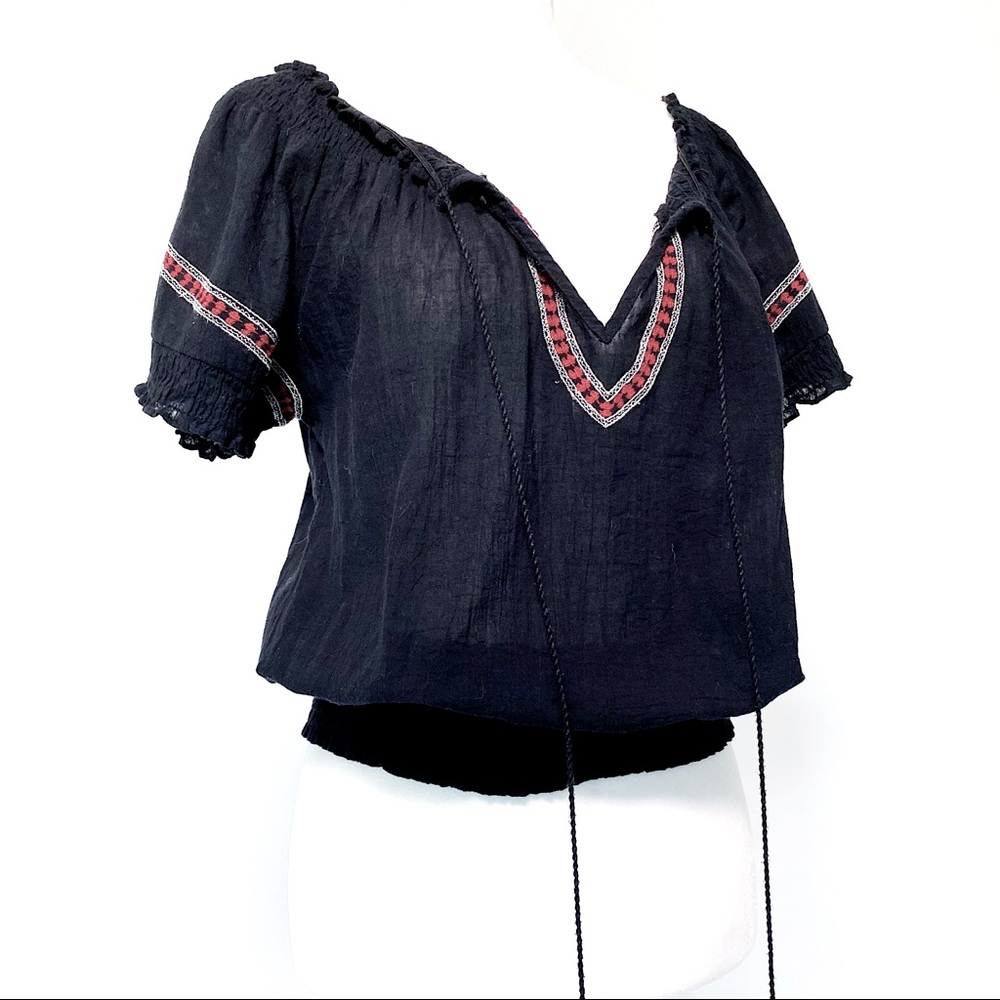 Black linen top with Aztec embroidery